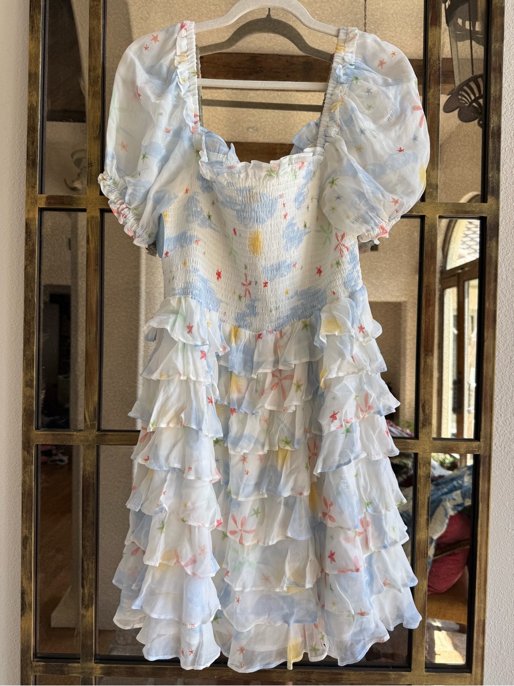 Hill House Light Blue Ruffle Dress with Multicolor Star Accents
